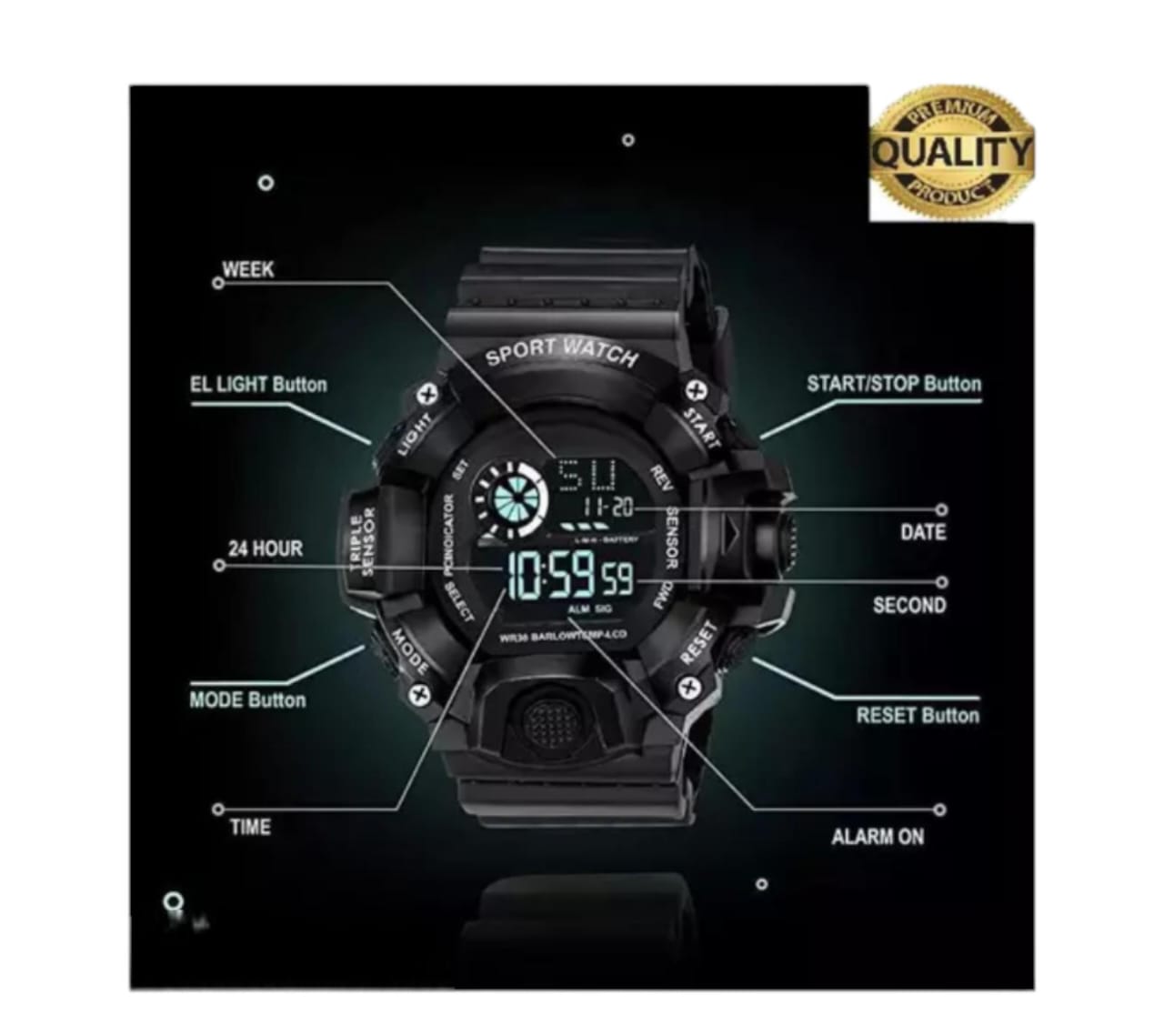 Digital Dial Black Solid Design Strap Multi Functional with Backlight Sports Watch for Men